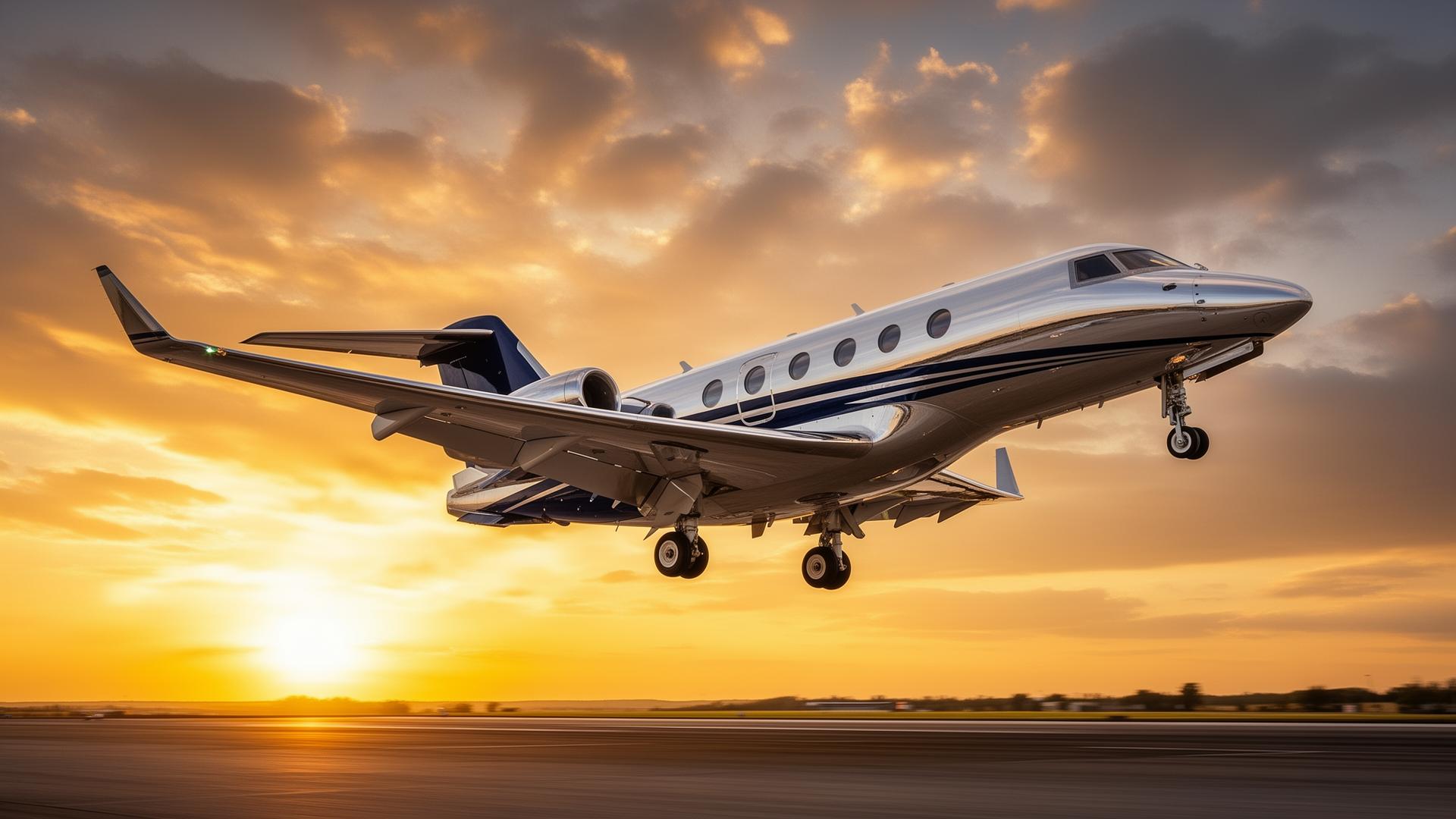 Luxury private jet taking off at sunset